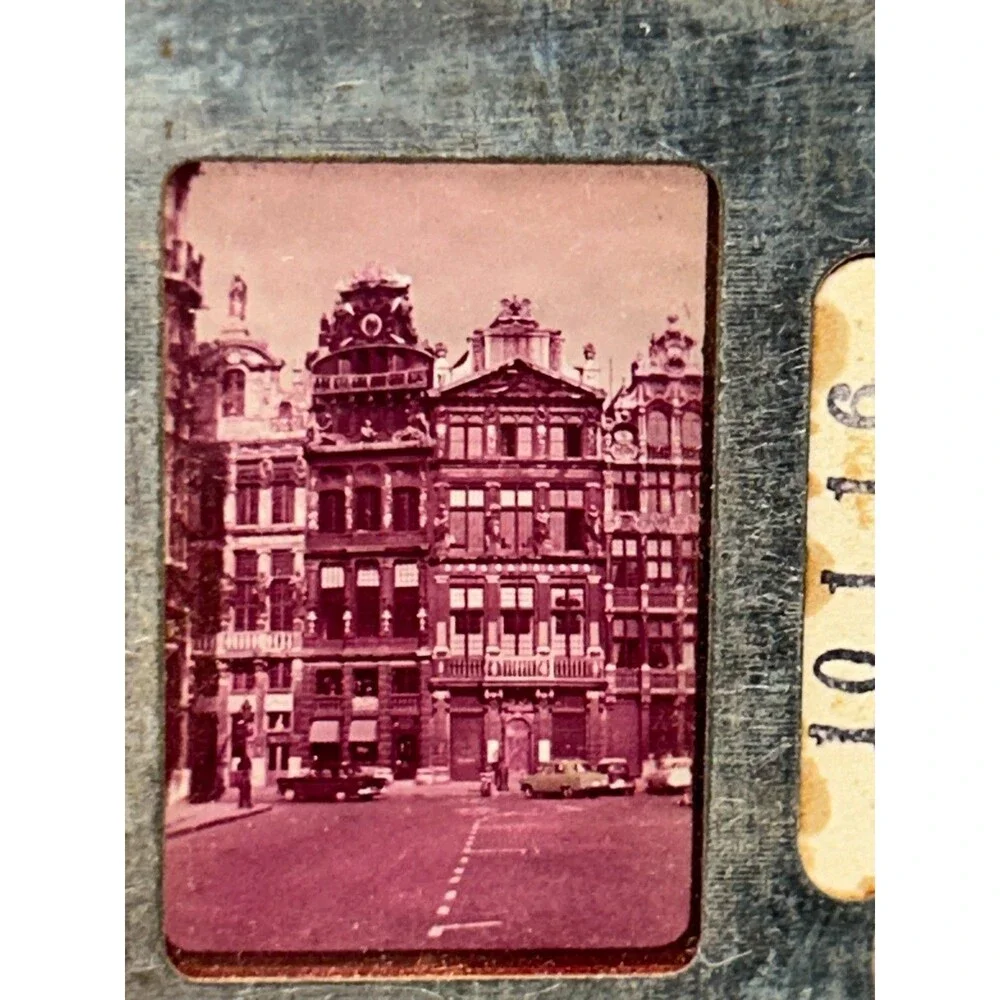 Vtg Stop Color Tin And Glass 5 Lantern Slides Brussels Buldings Made In Belgium